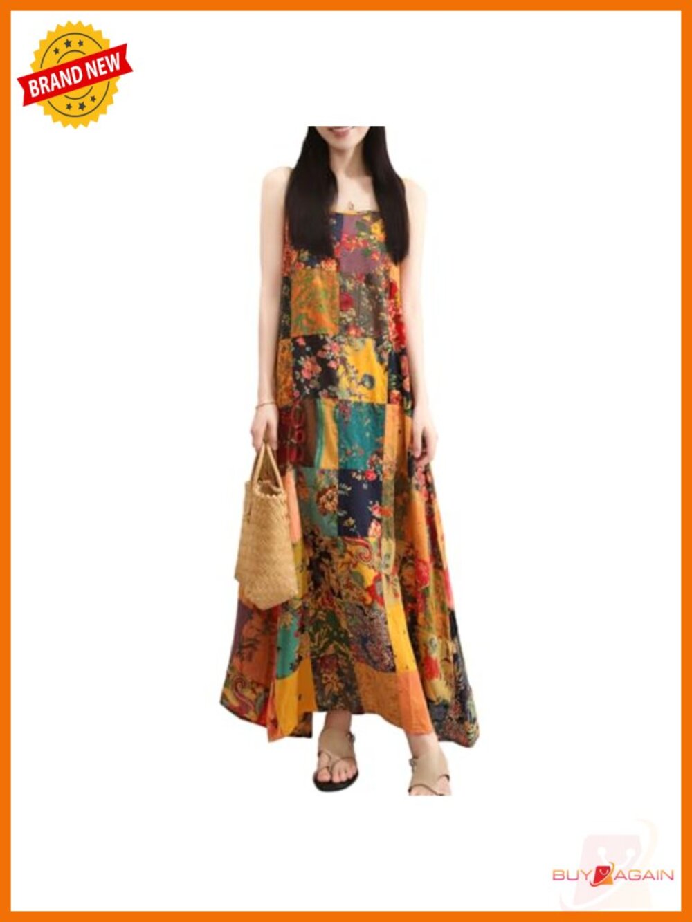 Bohemian Spaghetti Strap Flowy Maxi Dress – Floral Patchwork Cotton Beach Dress
